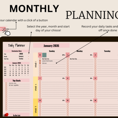 Monthly daily planner: clear the calendar with one button, choose the year, month and start day, and record daily tasks to check off, with top goals and a to-do list.