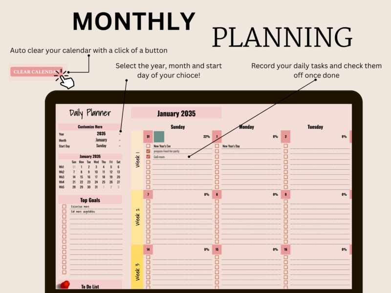 Monthly daily planner: clear the calendar with one button, choose the year, month and start day, and record daily tasks to check off, with top goals and a to-do list.