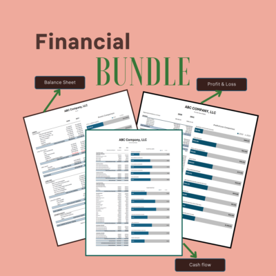 210 Financial bundle with two-year comparisons: a balance sheet, profit and loss and cash flow for a sample company, each with bar charts comparing the two years.