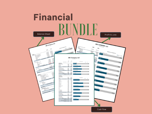 Financial bundle with two-year comparisons: a balance sheet, profit and loss and cash flow for a sample company, each with bar charts comparing the two years.