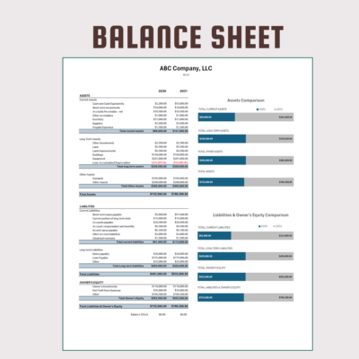 211 Two-year balance sheet comparison: assets, liabilities and owner's equity for both years, with bar charts comparing each total.