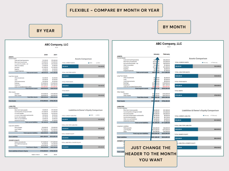213 The balance sheet comparison with bar charts works by year or by month; change the header to the month you want.