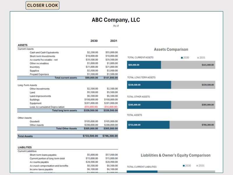 215 Close-up of the balance sheet comparison: current, long-term and other assets for two years, with bar charts comparing each total.