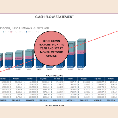 Cash flow statement year and start month drop-down lists; enter monthly information for each cash inflow and outflow line.