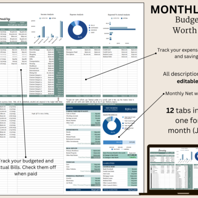 Monthly budget and net worth tracker, 12 tabs one for each month: budgeted and actual bills checked off when paid, expenses, debts and savings, a monthly net worth tracker; all descriptions can be edited.