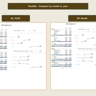 The balance sheet comparison works by year or by month.