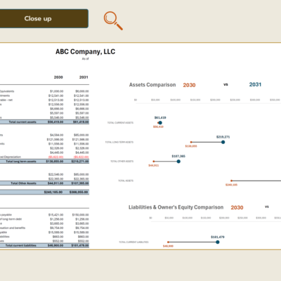 Close-up of the balance sheet comparison: current, long-term and other assets for two years, with an assets comparison dot chart.