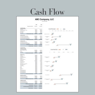 224 Two-year cash flow comparison: cash receipts and cash paid out for both years, with dot charts showing the change in each total.