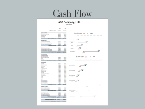 Two-year cash flow comparison: cash receipts and cash paid out for both years, with dot charts showing the change in each total.