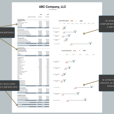 227 Cash flow comparison with notes: descriptions can be edited, the dot charts update as you type, and the ending cash balance is calculated.