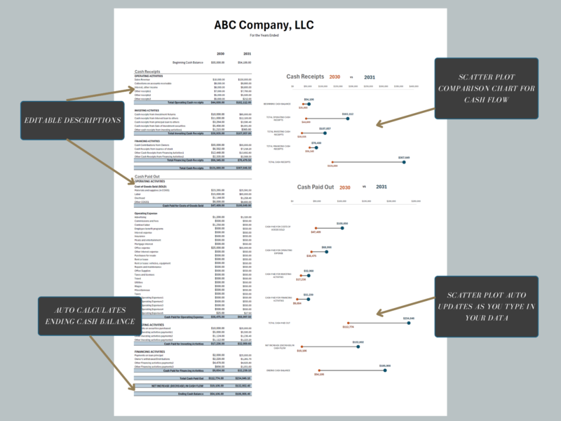227 Cash flow comparison with notes: descriptions can be edited, the dot charts update as you type, and the ending cash balance is calculated.