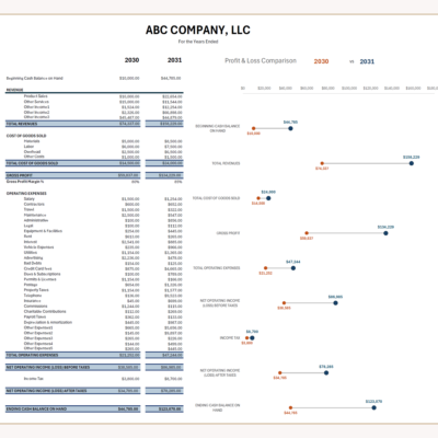 Profit and loss comparison for two years: revenue, cost of goods sold, gross profit, operating expenses and income, with a dot chart showing the change in each total.
