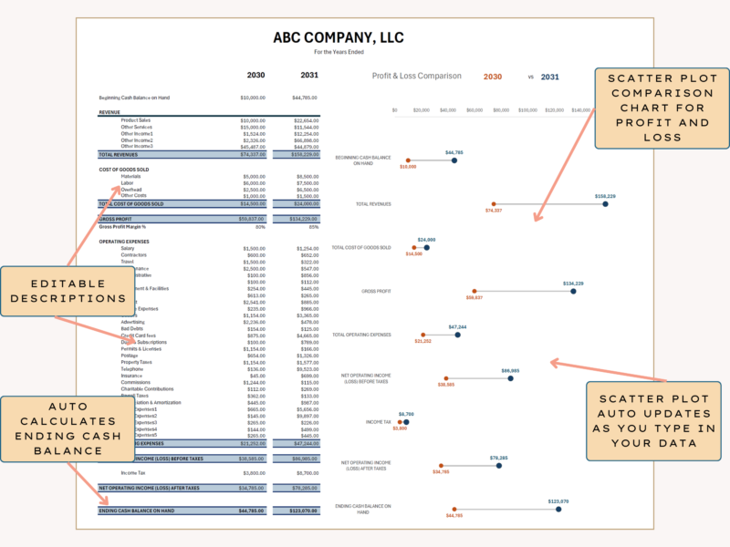 Profit and loss comparison with notes: descriptions can be edited, the ending cash balance is calculated, and the comparison dot chart updates as you type.