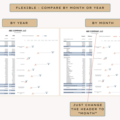 The profit and loss comparison works by year or by month; change the column header to month to compare months.