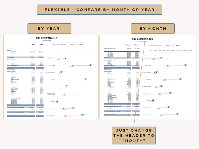 The profit and loss comparison works by year or by month; change the column header to month to compare months.