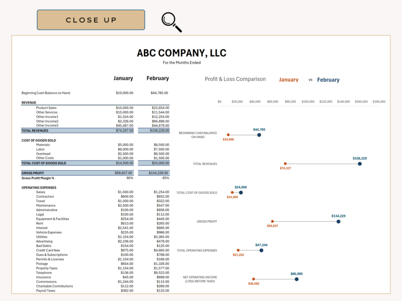 Close-up of the profit and loss comparison: two months side by side, with a dot chart showing the change in each total.