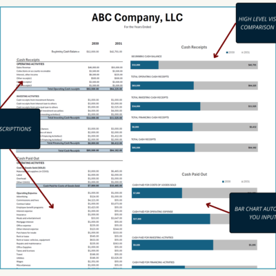 237 Cash flow comparison with notes: descriptions can be edited, and bar charts comparing cash receipts and cash paid out update as you type.