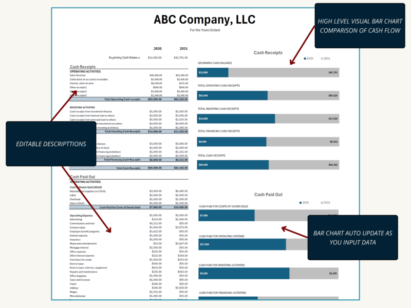 237 Cash flow comparison with notes: descriptions can be edited, and bar charts comparing cash receipts and cash paid out update as you type.