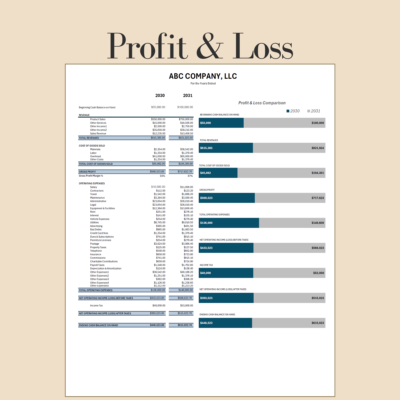 Two-year profit and loss comparison: revenue, cost of goods sold, gross profit, operating expenses and income for both years, with bar charts comparing each total.