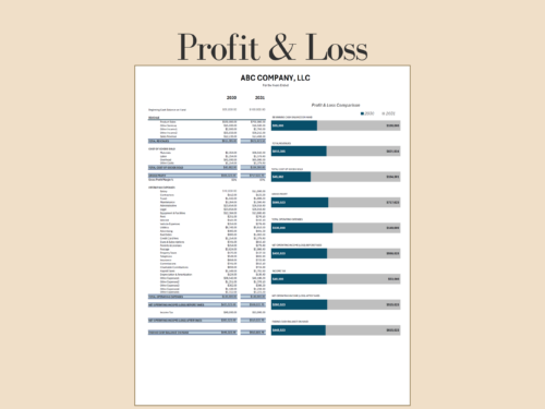 Two-year profit and loss comparison: revenue, cost of goods sold, gross profit, operating expenses and income for both years, with bar charts comparing each total.