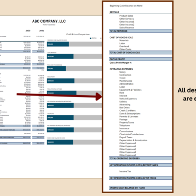 Profit and loss comparison: all descriptions can be edited.
