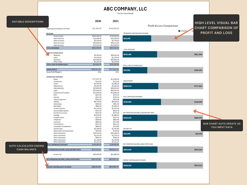 Profit and loss comparison with notes: descriptions can be edited, bar charts update as you type, and the ending cash balance is calculated.