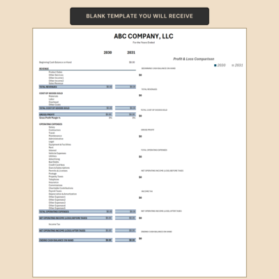 The blank profit and loss comparison template with bar charts that you receive.