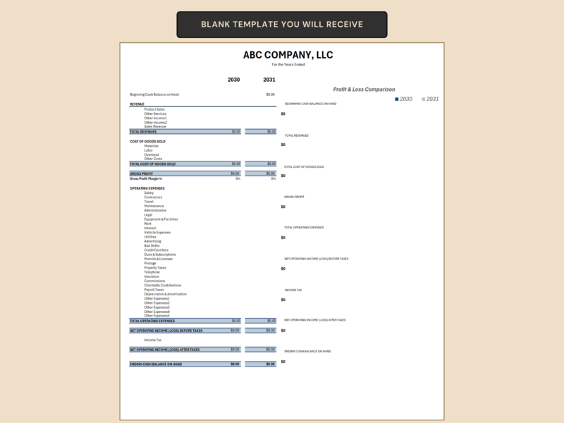 The blank profit and loss comparison template with bar charts that you receive.