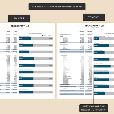 The profit and loss comparison with bar charts works by year or by month.