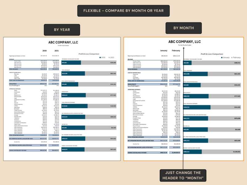The profit and loss comparison with bar charts works by year or by month.