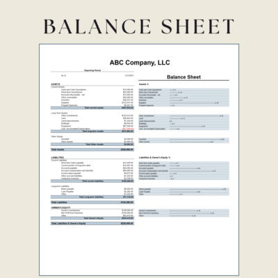 Balance sheet for one date: assets, liabilities and owner's equity, with charts showing each line as a percent of the total.