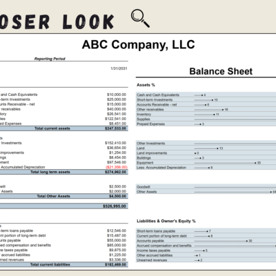 Close-up of the balance sheet for one date: assets and liabilities by line, with a chart showing each line as a percent of its total.