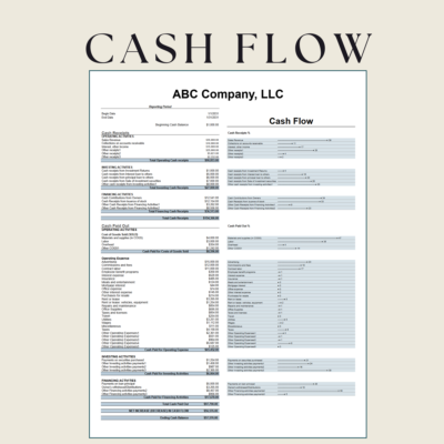 Cash flow for one reporting period: cash receipts and cash paid out for operating, investing and financing activities, the net change and ending cash balance, with charts showing each line as a percent.