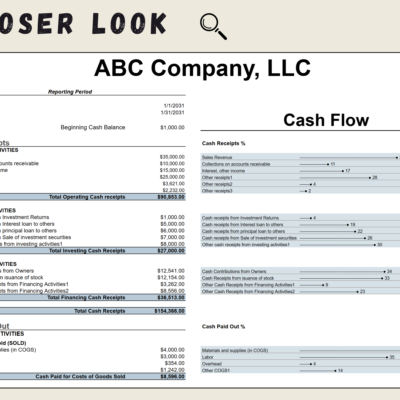 Close-up of the cash flow statement for one period: cash receipts by activity with each line shown as a percent, and the start of cash paid out.