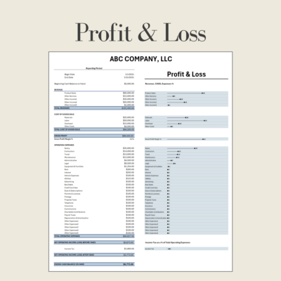Profit and loss for one reporting period: revenue, cost of goods sold, gross profit, operating expenses, income before and after tax and ending cash, with a chart showing each line as a percent.