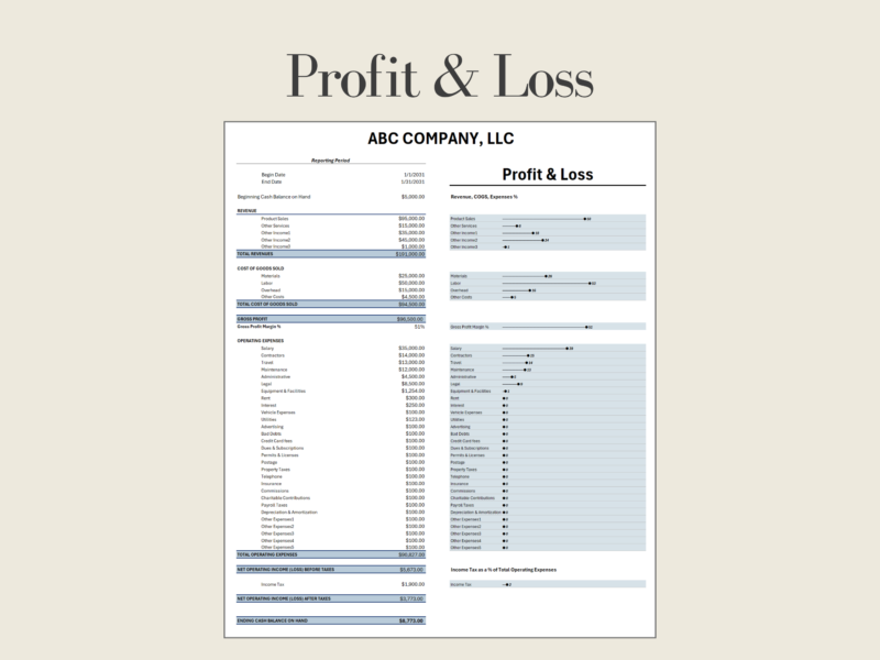 Profit and loss for one reporting period: revenue, cost of goods sold, gross profit, operating expenses, income before and after tax and ending cash, with a chart showing each line as a percent.
