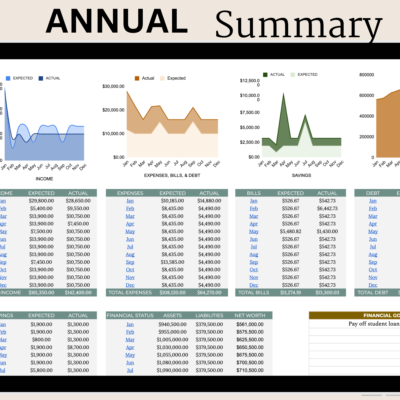 Annual summary on a tablet: expected versus actual income, expenses, bills and debt, savings and net worth by month, with charts and a financial goals box.