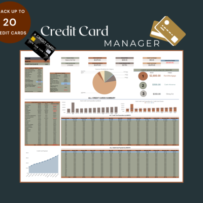 262 Credit card manager for up to 20 credit cards: payments, balances and credit used for a chosen card, expenses by category, the top three expense categories, a summary of all cards by month, and a chart of the credit card balance.