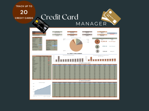 262 Credit card manager for up to 20 credit cards: payments, balances and credit used for a chosen card, expenses by category, the top three expense categories, a summary of all cards by month, and a chart of the credit card balance.