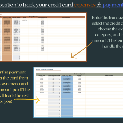 266 Credit card expense log and payment log: enter the date, select the card, choose the expense category and enter the amount; for payments, enter the date, card and amount paid.