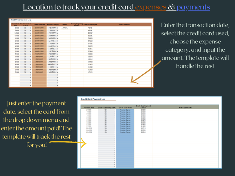 266 Credit card expense log and payment log: enter the date, select the card, choose the expense category and enter the amount; for payments, enter the date, card and amount paid.