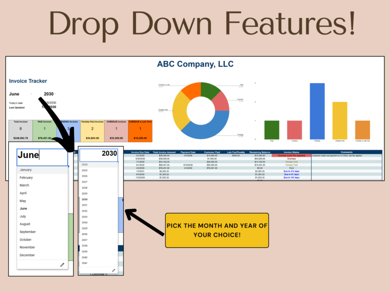Invoice tracker: pick the month and year from the drop-down lists.