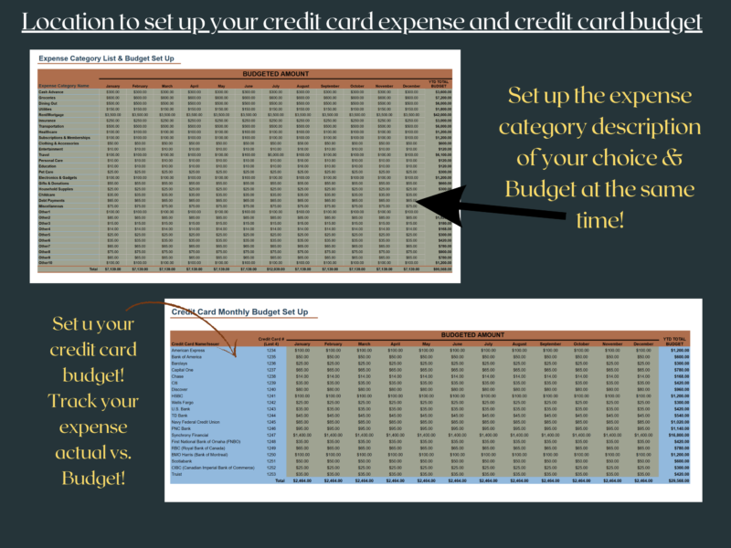 267 Set up expense categories and a monthly budget for each, and a monthly budget for each credit card, to track actual against budget.