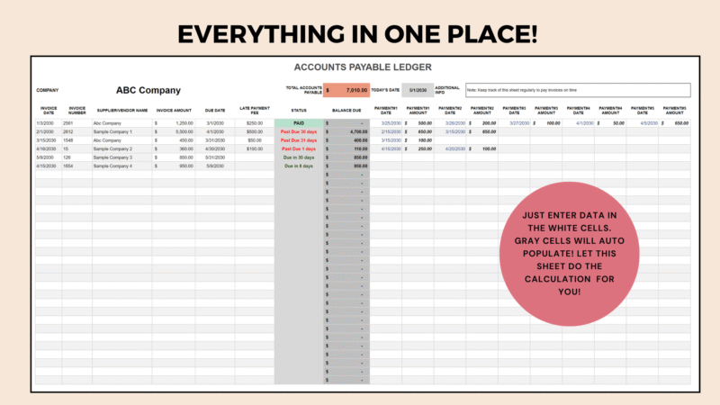 281 Accounts payable ledger: enter data in the white cells and the gray cells fill in automatically, with total accounts payable and each invoice's status and balance.