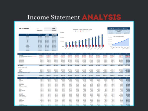 Income statement analysis for a sample company: revenue, cost of goods sold, gross profit and operating expenses by month and year to date, with charts of revenue, cost of goods sold and gross profit, and of net income.