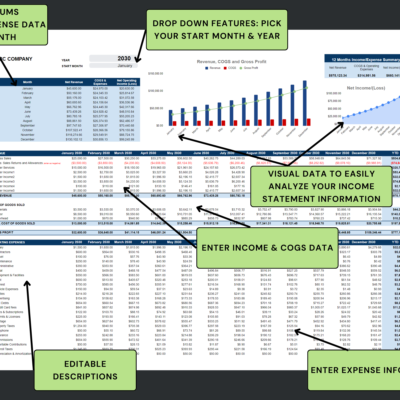 Income statement with notes: pick the start month and year, enter income, cost of goods sold and expense data, edit the descriptions, and see monthly totals and charts.