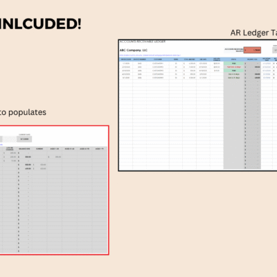 Two tabs included: the AR ledger tab and the AR aging tab, which fills in automatically.