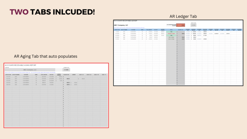 Two tabs included: the AR ledger tab and the AR aging tab, which fills in automatically.