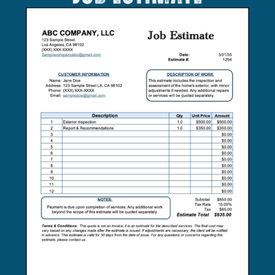 Job estimate for an exterior home inspection: customer information, description of work, line items, notes, tax, estimate total and terms and conditions.