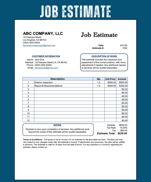 Job estimate for an exterior home inspection: customer information, description of work, line items, notes, tax, estimate total and terms and conditions.